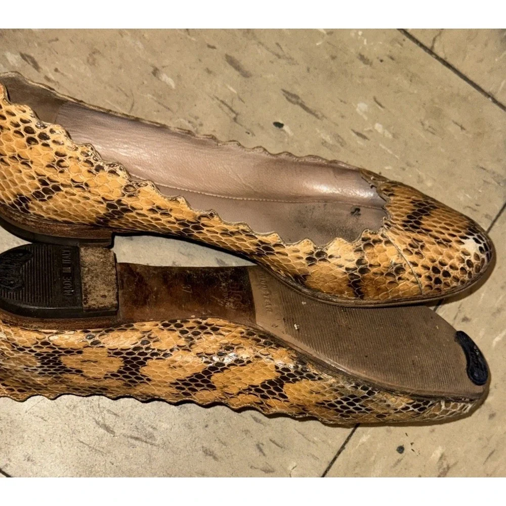 Chloe‎ Lauren Ballet Flats Brown Snakeskin Scalloped Womens Shoe Size EU 37 US 7